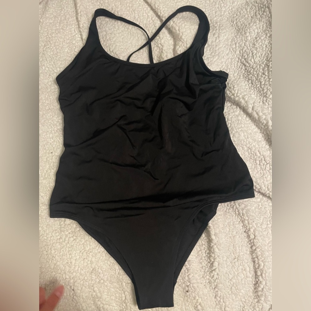 Black ribbed one piece swimsuit